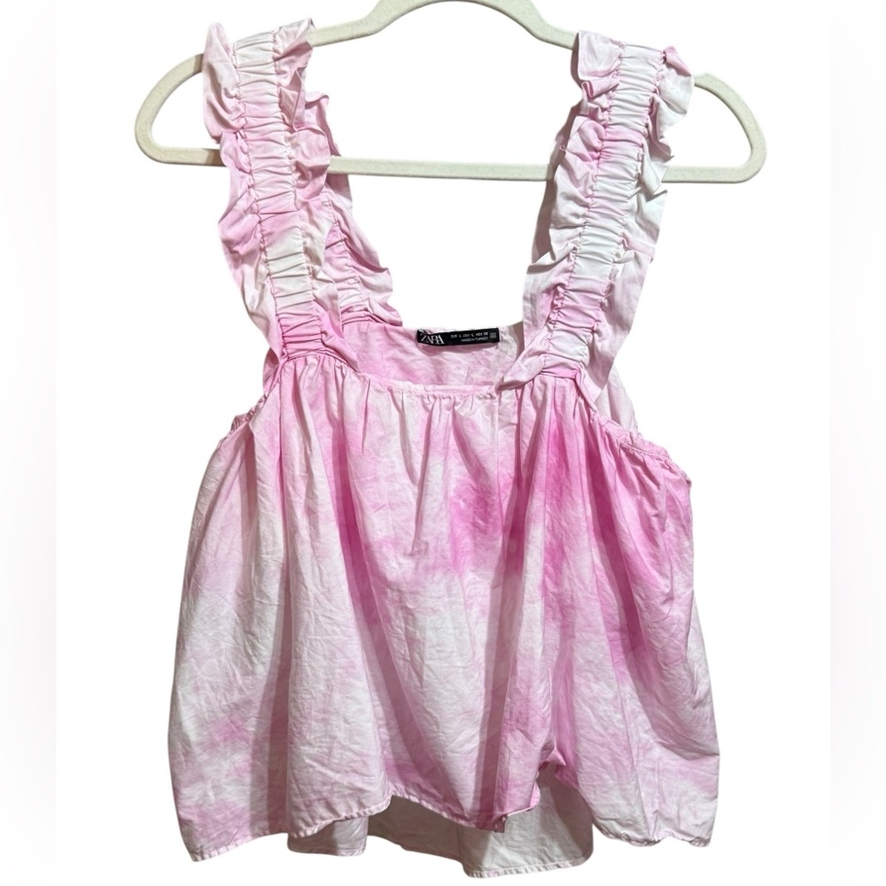 Zara Pink & White Cotton Candy Tie-Dye Ruffle Sleeves Poplin‎ Crop Tank Top Sz L